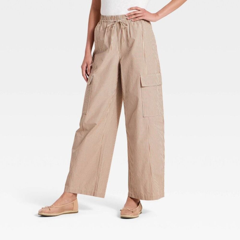 Women's Front-Tie Striped Cargo Pants - A New Day Light Brown M